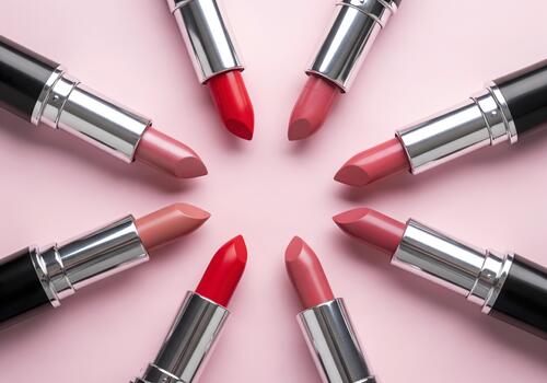 Vibrant Collection of Lipsticks Arranged in Circular Pattern on Pink Background photo