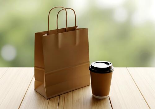 Brown Paper Bag with Coffee Cup on Wooden Table with Soft Background photo