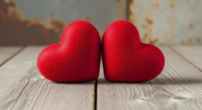 Red Heart Decorations on Wooden Surface with Rusty Background photo