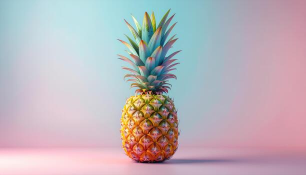 Vibrant Pineapple Still Life Golden Fruit with Green Leaves on Colorful Gradient Background. photo