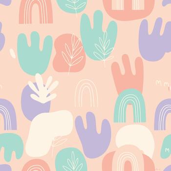 Abstract Boho Seamless Pattern with Pastel Rainbows and Organic Shapes vector