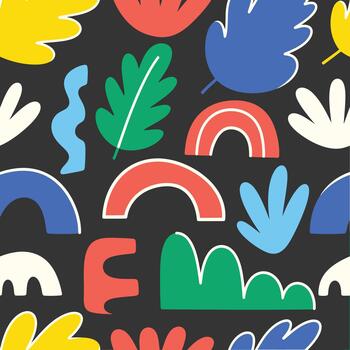 Modern Whimsical Doodle Pattern Abstract Shapes Foliage Dark Background vector