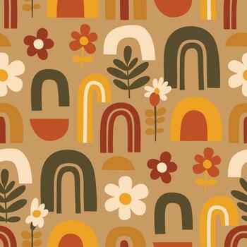 boho sin costura modelo con terroso arcoiris, flores, y resumen formas vector