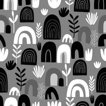 Abstract Monochrome Boho Seamless Pattern with Minimalist Rainbows and Plants vector