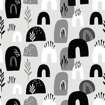 Abstract Boho Scandinavian Seamless Pattern with Monochrome Arches and Plants vector