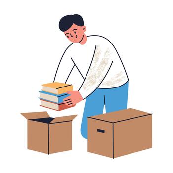 Flat cartoon illustration of man packing books into box, moving and shipping theme, simple home scene, cozy mood for relocation, delivery and organizing projects with clean modern design vector