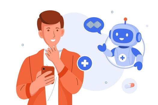 Online healthcare and digital consultation services. A male patient using a smartphone to interact with an AI medical chatbot via voice command. Voice AI illustration concept. vector