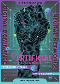 Retro futuristic poster design with 3D wireframe fist representing artificial intelligence and digital dominance. Neon cyberpunk style, vaporwave aesthetic, and neural network concepts vector