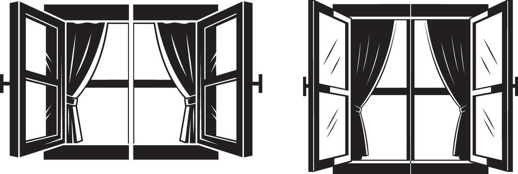 Black and white open window with curtains icons vector