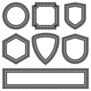 Elegant black chain shield pattern frame with metallic links forming a stylish decorative border, perfect for labels, posters, packaging, and modern design projects. vector