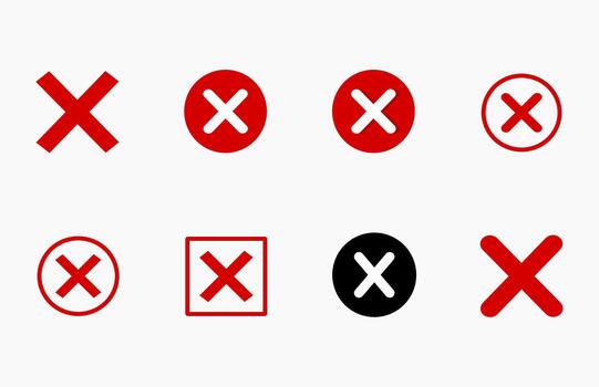 Red Cross Mark Icon Set, Grunge X Symbols Collection. Collection of Red cross signs, red grunge x set, cross mark, red cross icon vector
