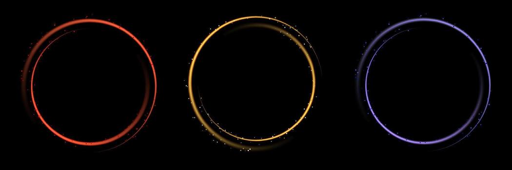 Set of glowing neon color circles round curve shape with glitter isolated on black background technology concept vector