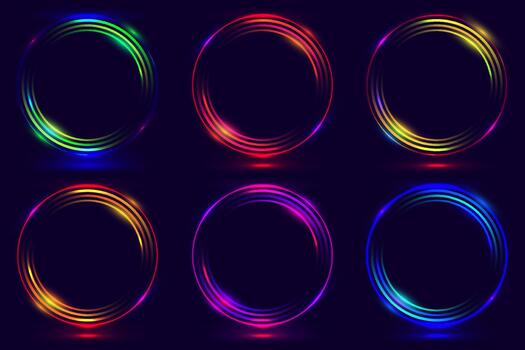 conjunto de brillante neón color círculos redondo curva formas aislado en negro antecedentes tecnología vector