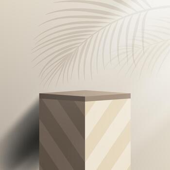 3D realistic brown podium platform pedestal stand cube shape display diagonal stripes lines pattern with palm leaves shadow and lighting on beige background vector