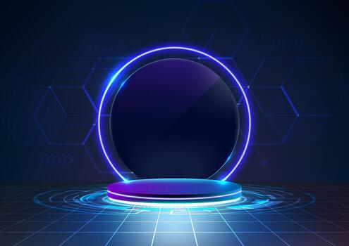 3D realistic technology digital cyberpunk podium display neon lighting circle portal with HUD geometric elements on dark blue background vector