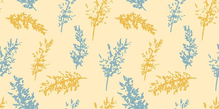 Seamless pattern with scattered botanical stems in warm mustard and soft blue tones on a light cream background, creating a fresh, playful and nature inspired decorative design vector