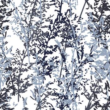 Seamless pattern featuring dense abstract botanical stems in cool blue and charcoal tones on a white background, creating a crisp, modern and nature inspired decorative design vector