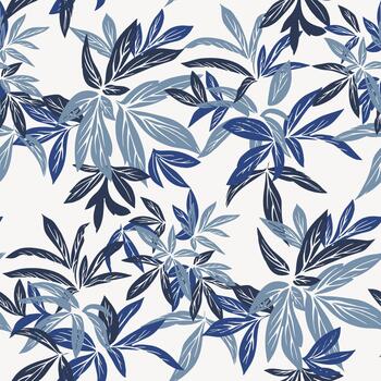Seamless botanical pattern with layered hand drawn leaves in deep navy and cool blue tones on a light background. Elegant modern foliage design for textiles, decor and prints vector