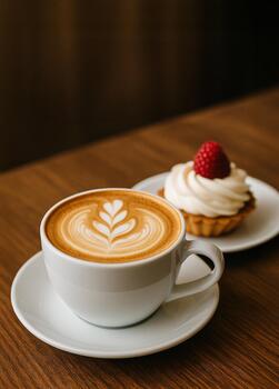 Cup of latte with elegant latte art on a wooden table, served with a small tart topped with fresh raspberry. photo