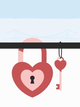 en forma de corazon candado y llave colgando en un barandilla con un puente en el antecedentes vector