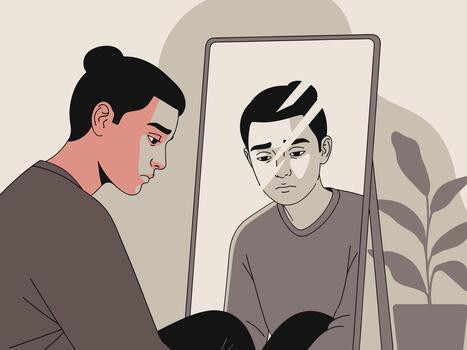 Man reflecting on his problems in a mirror, feeling alone and sad vector