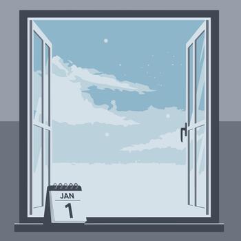 New Year's Day Snowfall Seen Through an Open Window vector