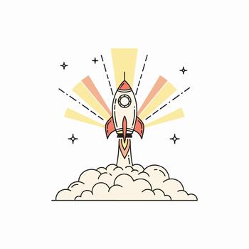 cohete lanzamiento mediante nubes con rayos de ligero vector