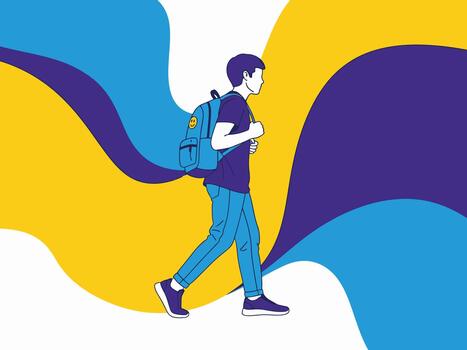 Young man with backpack walking in abstract flowing shapes vector