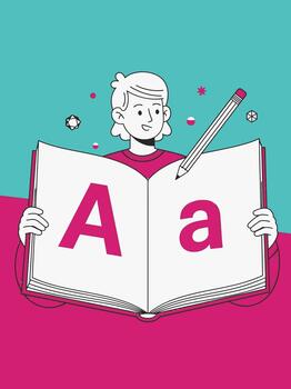 Child learning the alphabet with a large book and pencil vector