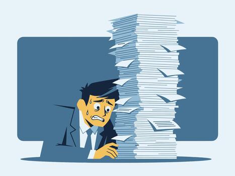 Man Overwhelmed by Huge Stack of Papers and Documents vector