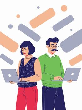 Two people using laptops in a modern office setting vector