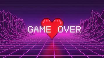 pixelado juego terminado mensaje en retro sintetizador paisaje animación video