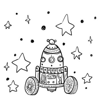 dibujado a mano robótico lunar vagabundo para explorador y aprendizaje nuevo planetas en espacio. garabatear estilo, sencillo minimalista dibujo. fantasía bosquejo, línea arte.aislado. ilustración. vector