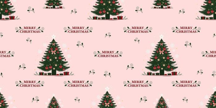Merry Christmas, and Christmas tree and some presents under it, ribbon coquette, with a cute pink background in a Seamless Pattern. vector