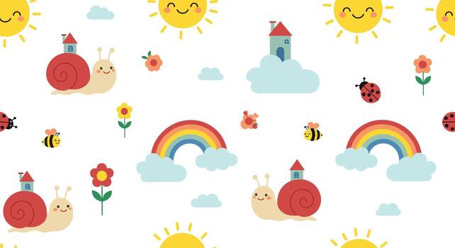 un modelo con un sol, un arcoíris, un caracol, y un castillo vector