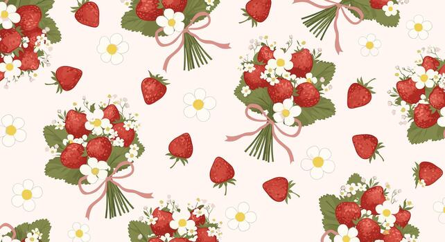 A pattern with strawberries and daisies on it vector