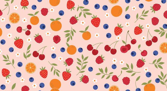 A pattern with fruit and berries on a pink background vector