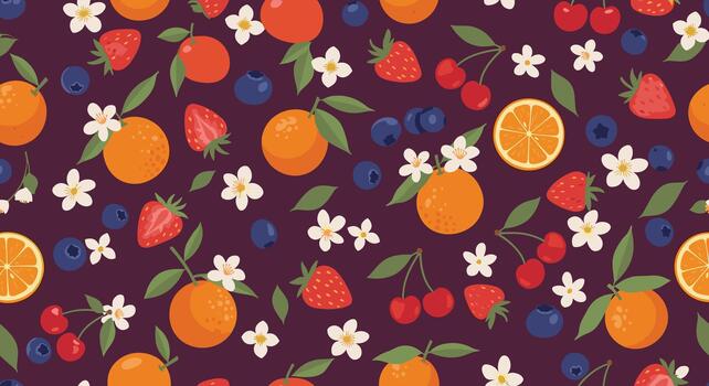 A pattern with fruit and berries on a purple background vector
