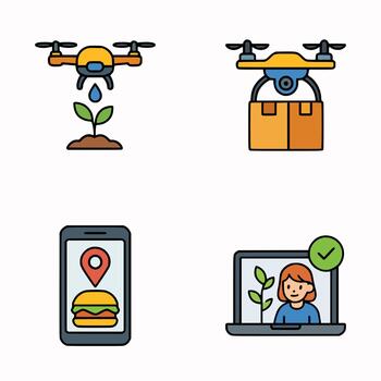 Set of modern icons showing drone irrigation, package delivery, food tracking app, and online identity verification system vector