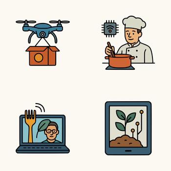 zumbido entregando comida caja, alimentado por ai Cocinando cocinero, virtual Cocinando tutorial, y inteligente agricultura con digital tableta dispositivo vector