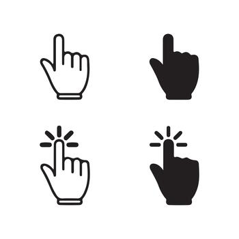 conjunto de cuatro mano cursor iconos, dos negro y blanco describir, dos sólido negro, indicando un hacer clic acción, con radiante líneas representando toque o selección vector
