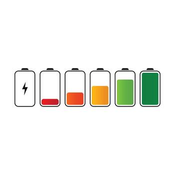 Battery level indicator icons showing full, partial, and empty charge status, from red to green vector