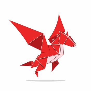 Red Origami Dragon Flying with Geometric Folds and Sharp Angles. vector