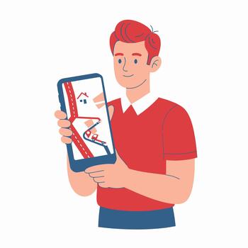 hombre participación teléfono inteligente demostración navegación aplicación con casas y la carretera. vector