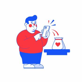 hombre hace un Caritativo donación utilizando un teléfono inteligente aplicación vector