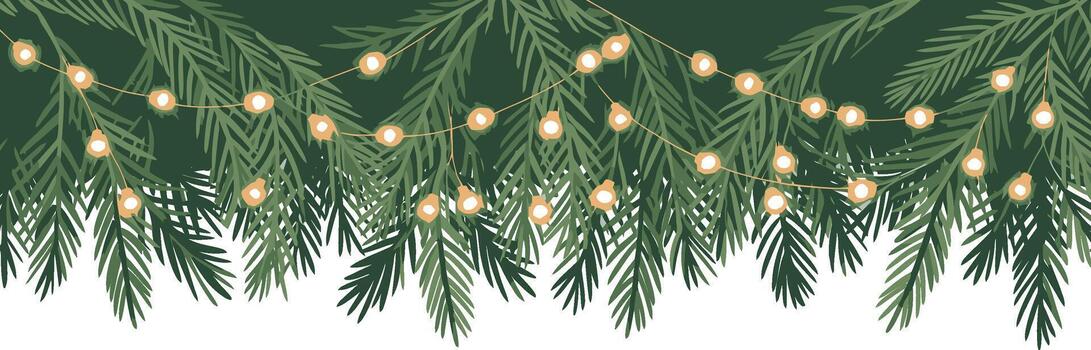 Green pine branches with string lights border vector