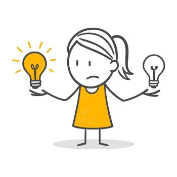 el dificultad de hallazgo un nuevo idea y un trabajador siendo atascado Entre dos ideas ansiosamente mientras experimentando un creativo bloquear. vector