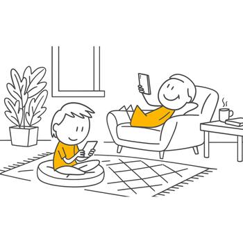 Happy Technology Users Sitting On A Comfortable Sofa And Cross-Legged On The Carpet In The Peaceful Atmosphere Of The Living Room. vector