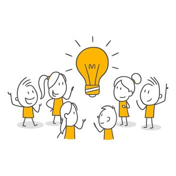 The Enthusiasm Of Workers Gathering Around A Bright And Big Idea Light Bulb That Emerged As A Product Of Teamwork. vector