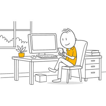 The Balanced And Professional State Of The Employee Maintaining The Workflow Among The Desktop Computer And Organized File Stacks. vector